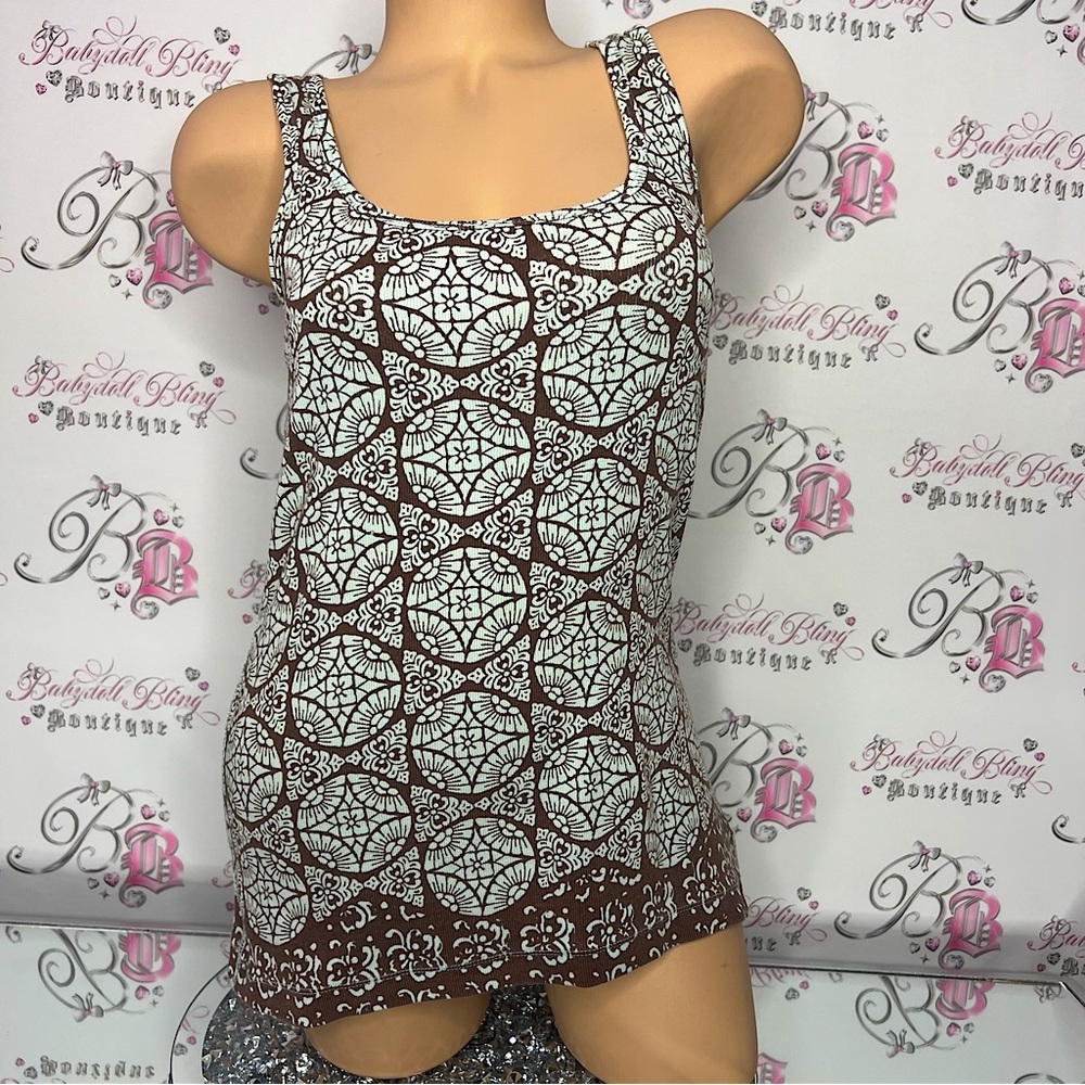 Eddie bauer tank top mint blue and brown printed boho bohemian pattern top